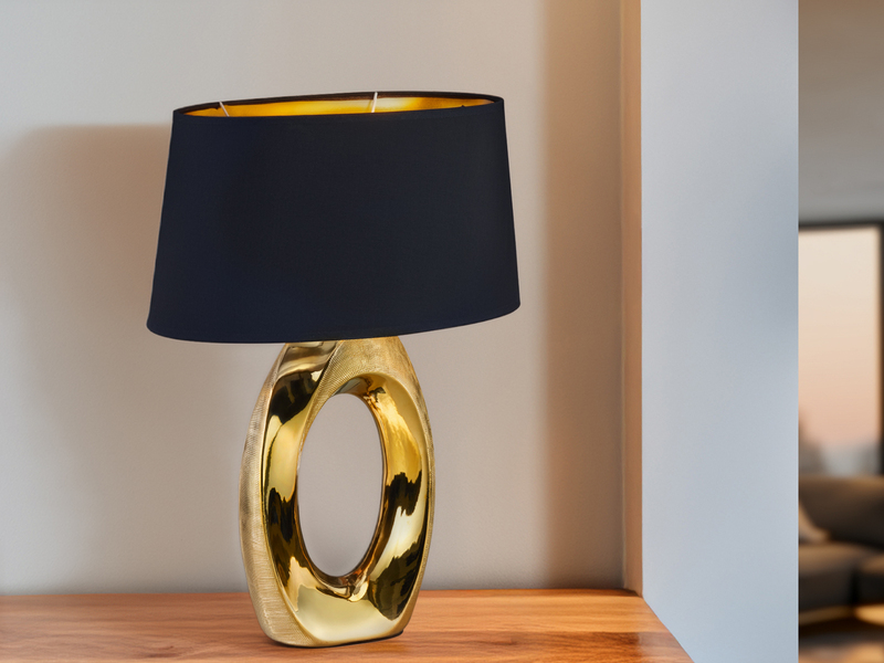 Große Tischleuchte Keramik Gold mit Stoffschirm Schwarz & E27 LED, Höhe 52cm