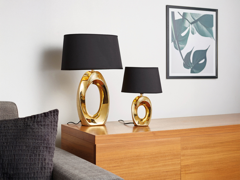 Große Tischleuchte Keramik Gold mit Stoffschirm Schwarz & E27 LED, Höhe 52cm