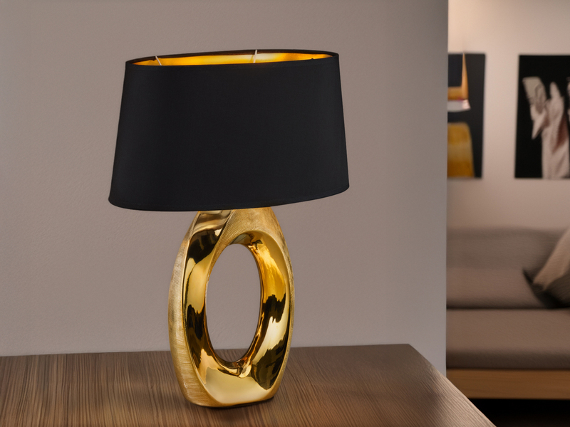 Große Tischleuchte Keramik Gold mit Stoffschirm Schwarz & E27 LED, Höhe 52cm