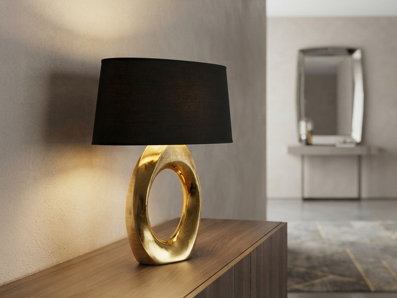 Große Tischleuchte Keramik Gold mit Stoffschirm Schwarz & E27 LED, Höhe 52cm