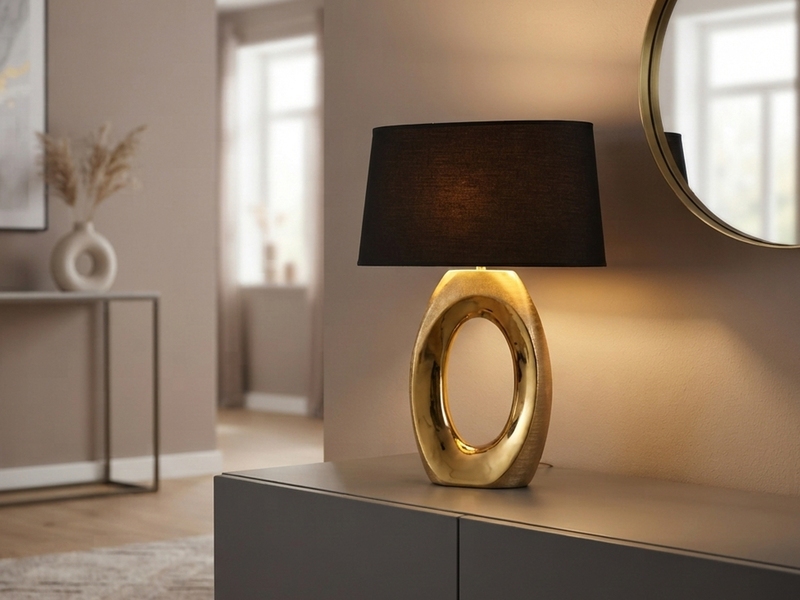 Große Tischleuchte Keramik Gold mit Stoffschirm Schwarz & E27 LED, Höhe 52cm