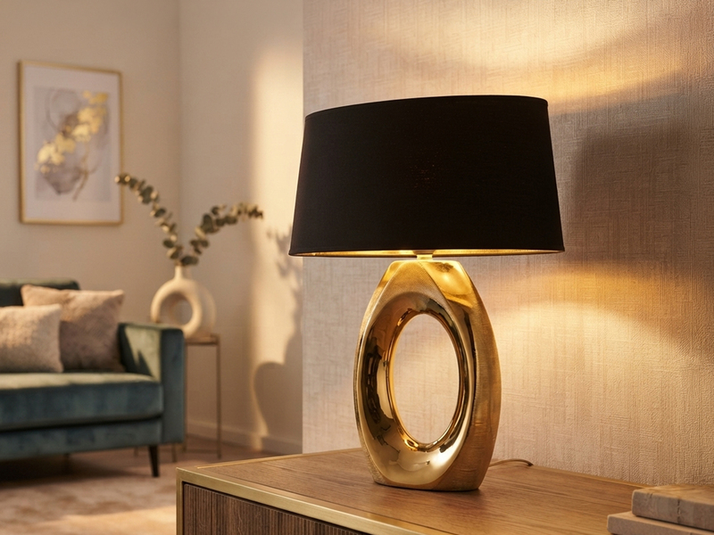 Große Tischleuchte Keramik Gold mit Stoffschirm Schwarz & E27 LED, Höhe 52cm