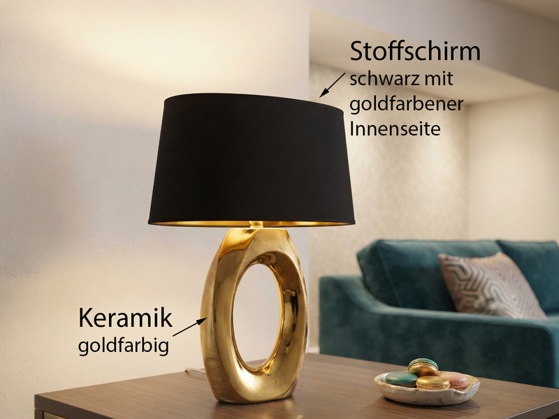 Große Tischleuchte Keramik Gold mit Stoffschirm Schwarz & E27 LED, Höhe 52cm
