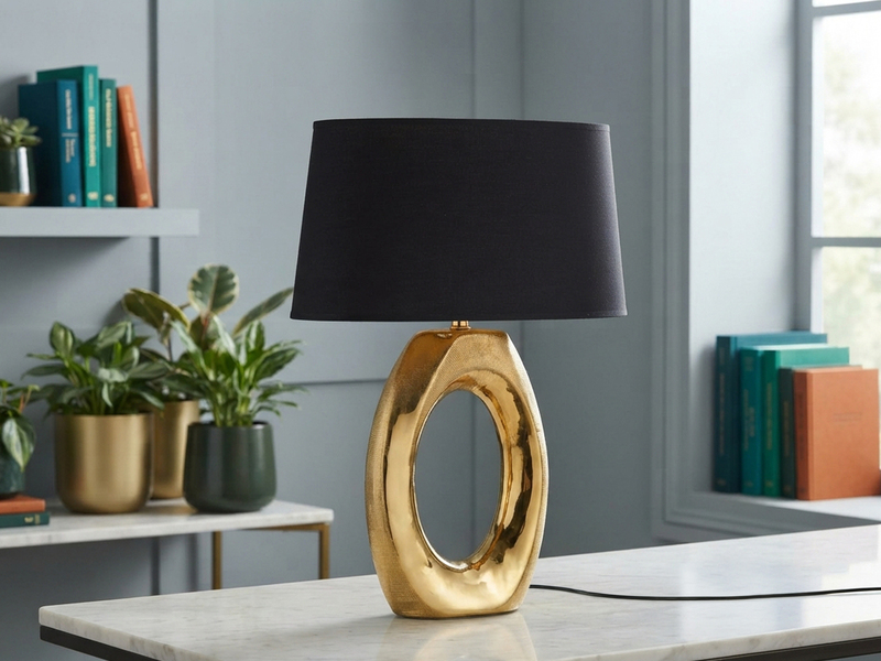 Große Tischleuchte Keramik Gold mit Stoffschirm Schwarz & E27 LED, Höhe 52cm