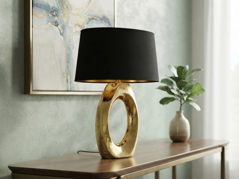 Große Tischleuchte Keramik Gold mit Stoffschirm Schwarz & E27 LED, Höhe 52cm