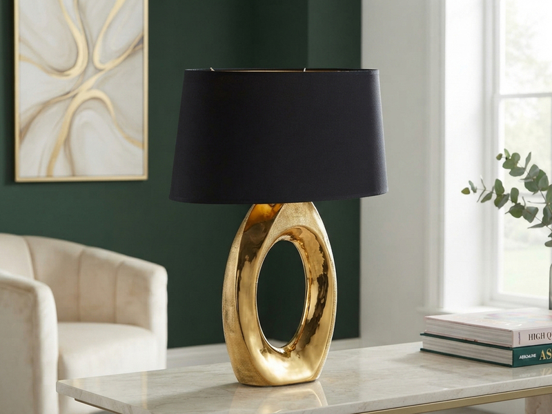 Große Tischleuchte Keramik Gold mit Stoffschirm Schwarz & E27 LED, Höhe 52cm