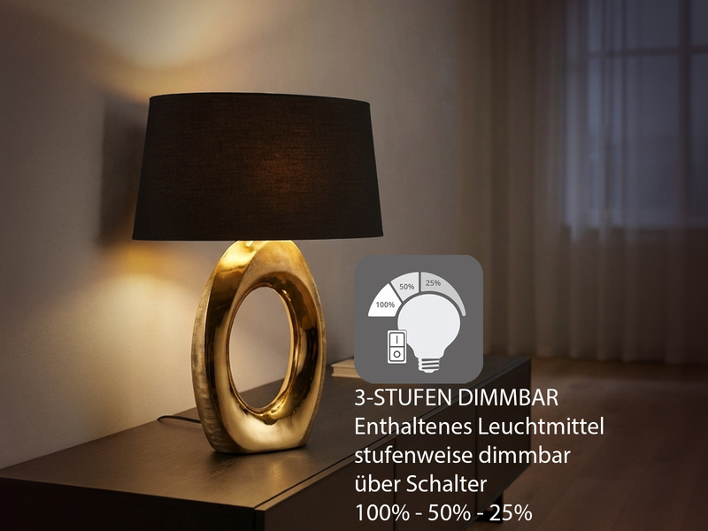 Große Tischleuchte Keramik Gold mit Stoffschirm Schwarz & E27 LED, Höhe 52cm