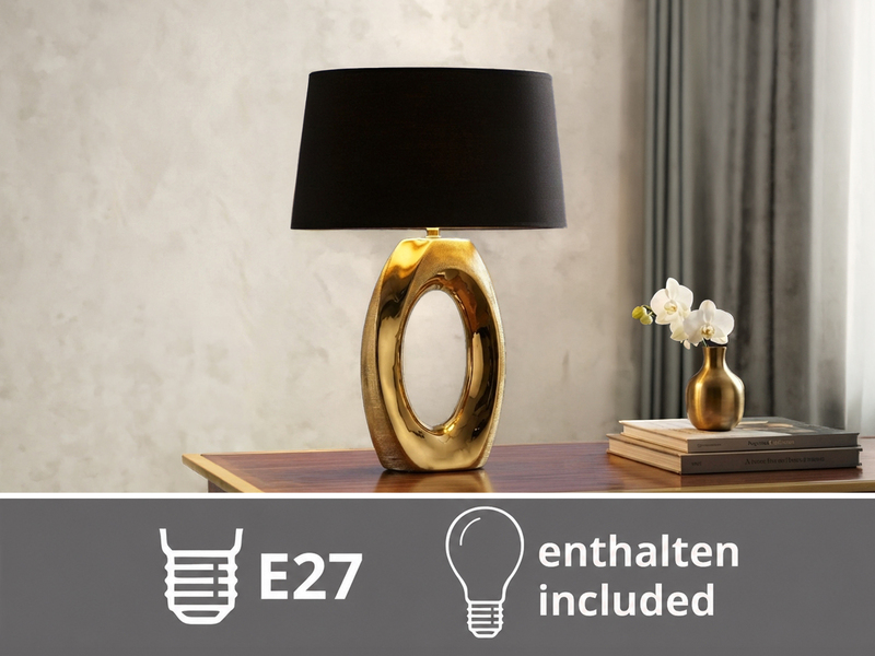 Große Tischleuchte Keramik Gold mit Stoffschirm Schwarz & E27 LED, Höhe 52cm