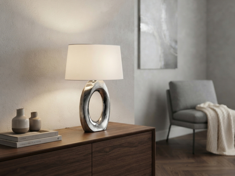 Große Tischleuchte Keramik Silber mit Stoffschirm Weiß & E27 LED, Höhe 52cm