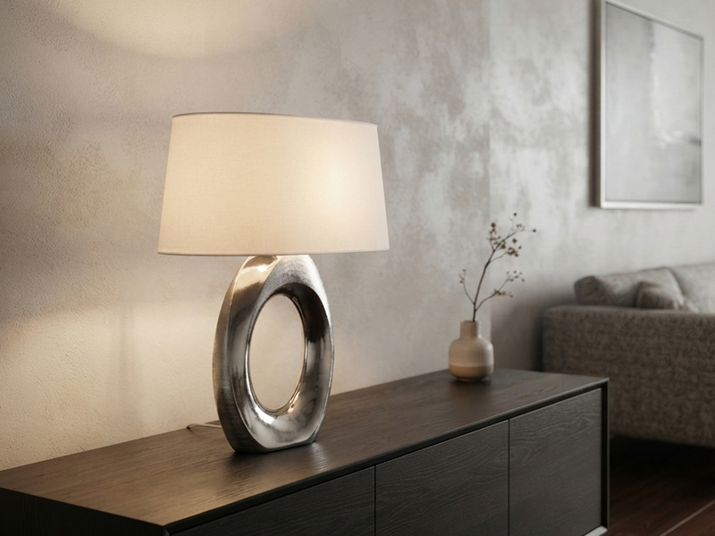 Große Tischleuchte Keramik Silber mit Stoffschirm Weiß & E27 LED, Höhe 52cm