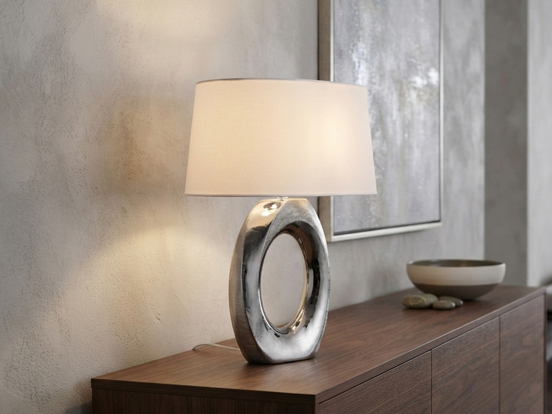 Große Tischleuchte Keramik Silber mit Stoffschirm Weiß & E27 LED, Höhe 52cm