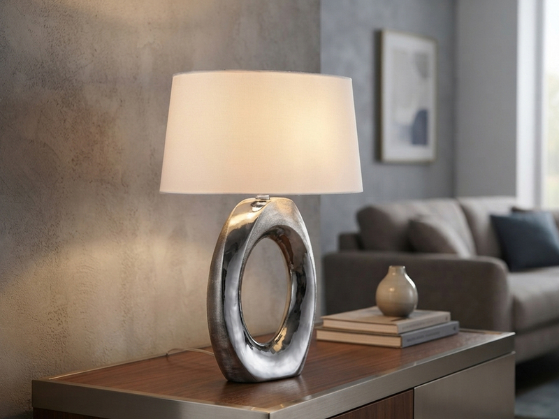 Große Tischleuchte Keramik Silber mit Stoffschirm Weiß & E27 LED, Höhe 52cm