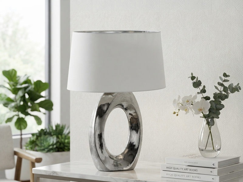 Große Tischleuchte Keramik Silber mit Stoffschirm Weiß & E27 LED, Höhe 52cm