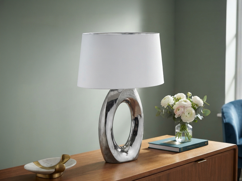 Große Tischleuchte Keramik Silber mit Stoffschirm Weiß & E27 LED, Höhe 52cm
