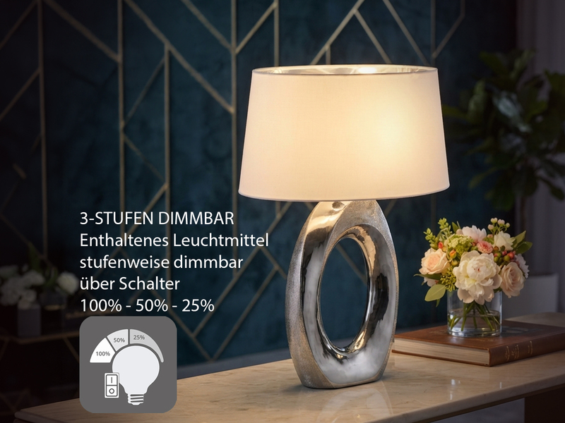 Große Tischleuchte Keramik Silber mit Stoffschirm Weiß & E27 LED, Höhe 52cm