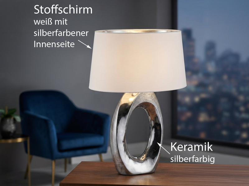 Große Tischleuchte Keramik Silber mit Stoffschirm Weiß & E27 LED, Höhe 52cm