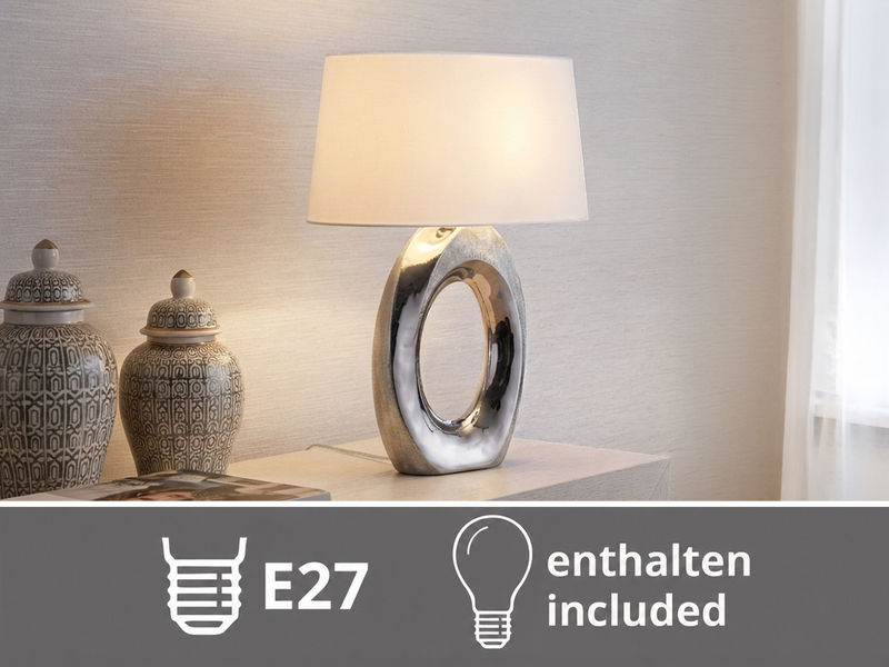 Große Tischleuchte Keramik Silber mit Stoffschirm Weiß & E27 LED, Höhe 52cm