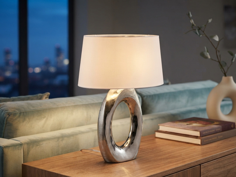 Große Tischleuchte Keramik Silber mit Stoffschirm Weiß & E27 LED, Höhe 52cm