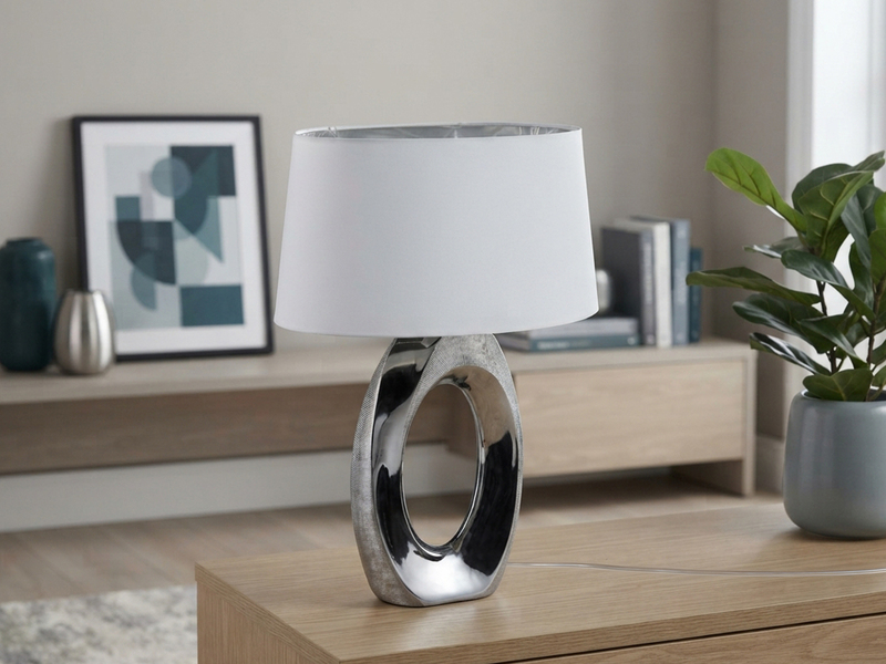 Große Tischleuchte Keramik Silber mit Stoffschirm Weiß & E27 LED, Höhe 52cm