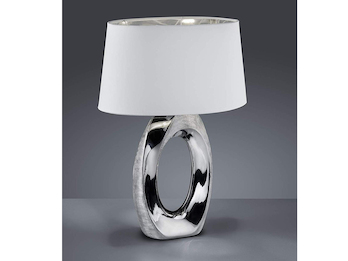 Große LED Tischleuchte 1 flammig Keramikfuß silberfarbig Schirm Weiß Höhe 52cm