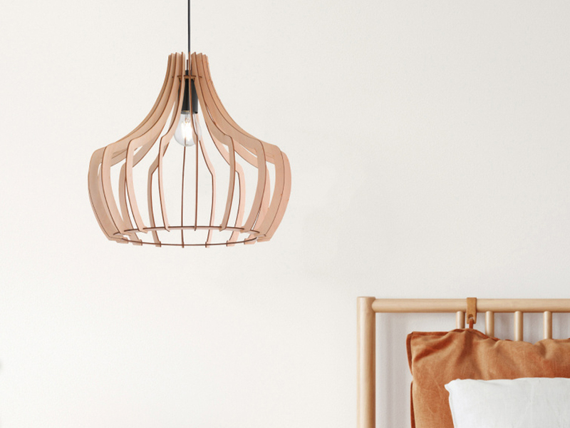 LED Hängeleuchte mit Lampenschirm aus Naturholz Lamellen, Ø 44cm