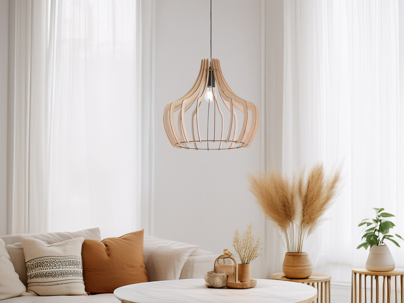 LED Hängeleuchte mit Lampenschirm aus Naturholz Lamellen, Ø 44cm