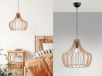 LED Hängeleuchte mit Lampenschirm aus Naturholz Lamellen, Ø 44cm