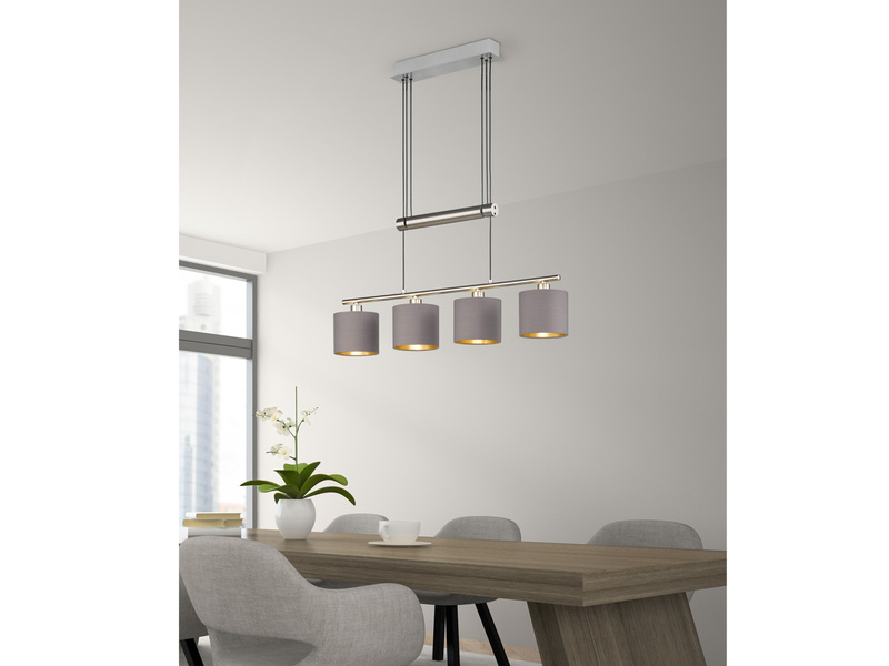 LED Pendelleuchte 4-flammig Taupe höhenverstellbar mit Stoffschirmen, B: 77cm