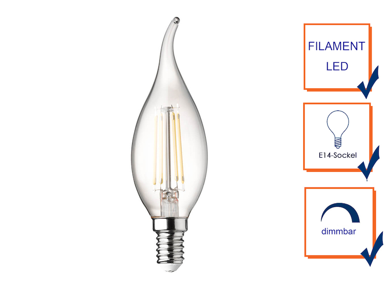 E14 Filament LED - 3 Watt, 320 Lumen, warmweiß, Ø 3,5cm- extern dimmbar