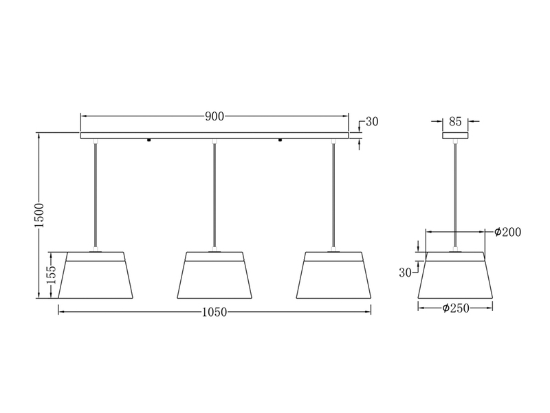 Balkenpendelleuchte BARONESS mit 3 Metallschirmen Weiß matt, Ø 25cm