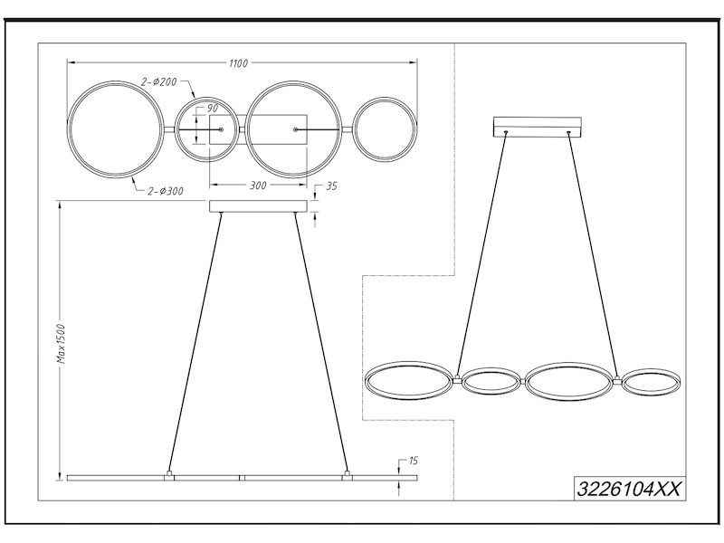 LED RONDO Ringleuchte Balkenpendellampe mit vier hängenden Ringen, schwarz matt