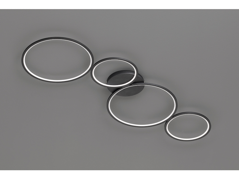 Moderne LED Deckenleuchte RONDO dimmbar & flach Ringe Schwarz, Breite 97cm