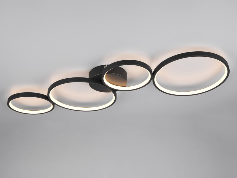 Moderne LED Deckenleuchte RONDO dimmbar & flach Ringe Schwarz, Breite 97cm