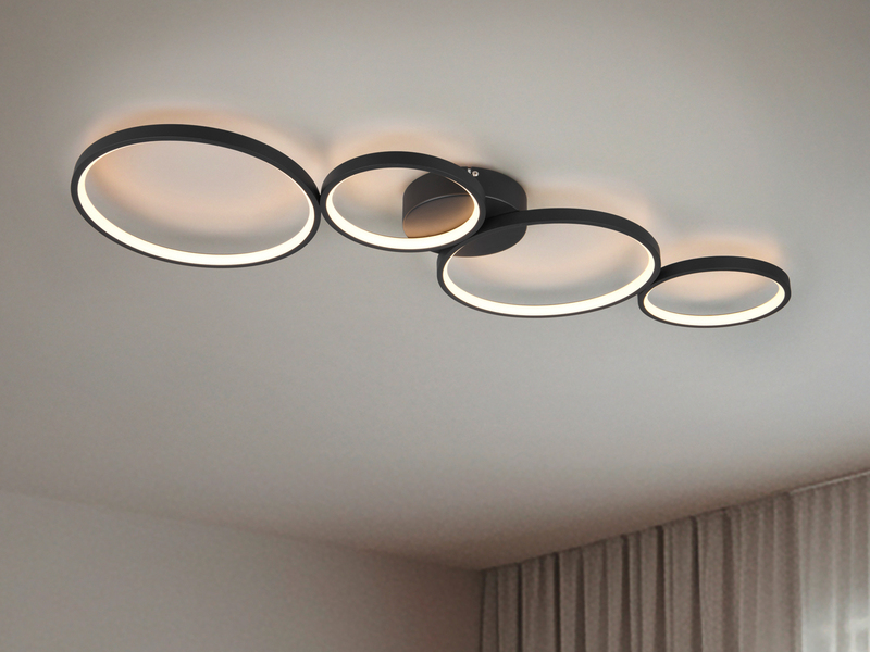 Moderne LED Deckenleuchte RONDO dimmbar & flach Ringe Schwarz, Breite 97cm