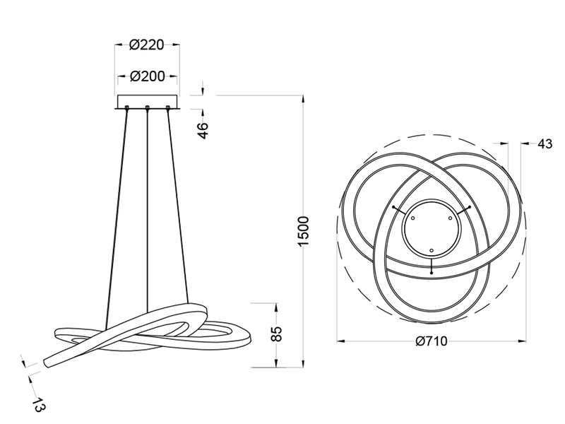 Große LED Pendellampe OAKLAND geschwungen mit Switch Dimmer Silber, Ø 71cm