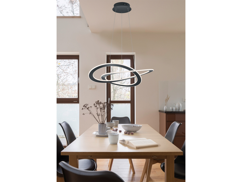 Große LED Pendellampe OAKLAND geschwungen mit Switch Dimmer Silber, Ø 71cm