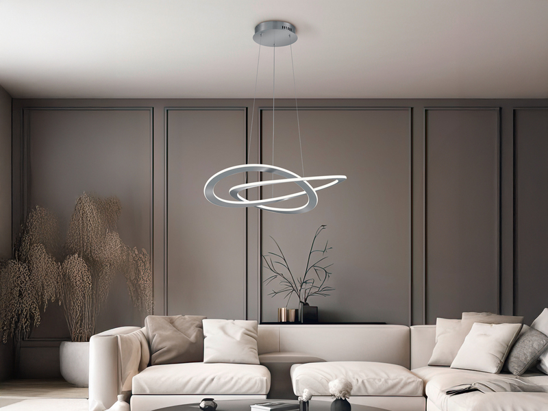 Große LED Pendellampe OAKLAND geschwungen mit Switch Dimmer Silber, Ø 71cm