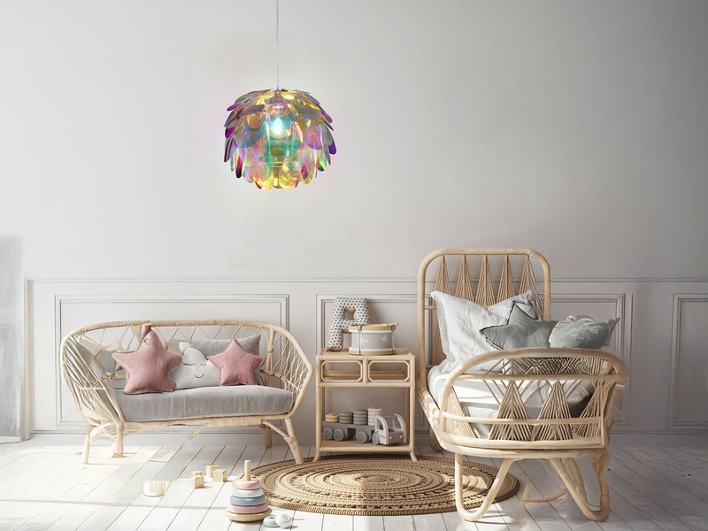 Verspielte LED Pendelleuchte mit bunten Kunststoffblättern, Ø 40cm
