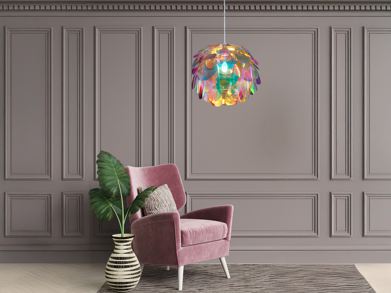 Verspielte LED Pendelleuchte mit bunten Kunststoffblättern, Ø 40cm
