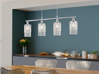 Balken Pendelleuchte POSH 4-flammig mit Acryl Kristall Behang, Breite 80cm