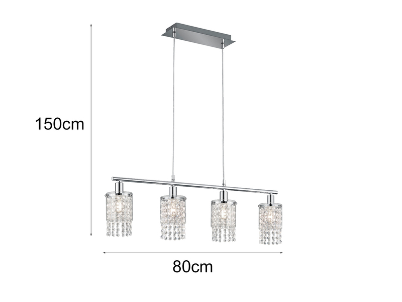 LED Balken Pendelleuchte 4-flammig mit Acryl Kristall Behang, Breite 80cm