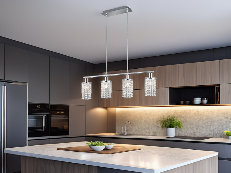 LED Balken Pendelleuchte 4-flammig mit Acryl Kristall Behang, Breite 80cm