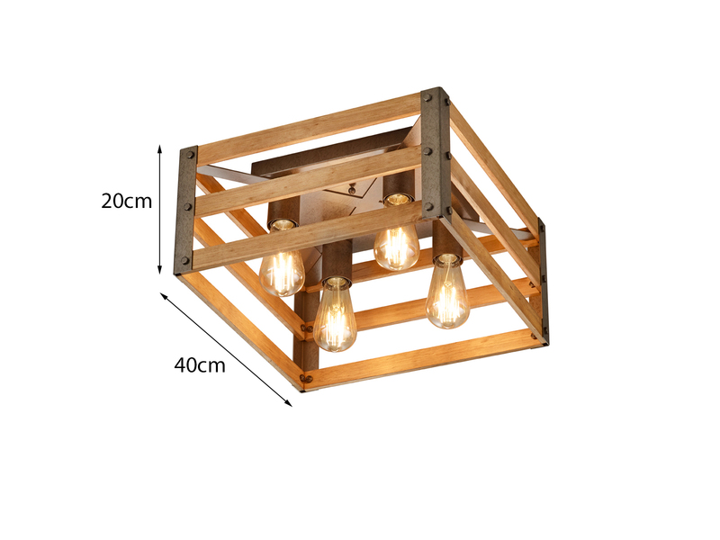 Deckenleuchte KHAN mit Echtholz Lampenschirm im Vintage Style, Quadrat 40cm
