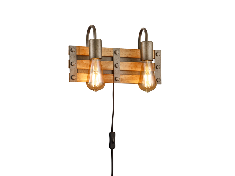 2-flammige Holzbrett Wandlampe KHAN mit ausgefallenem Vintage Industriedesign
