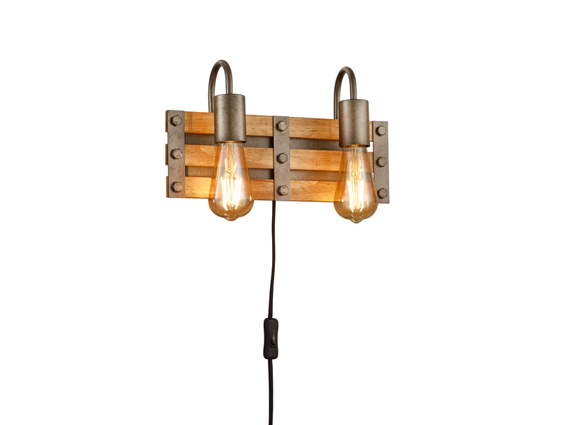 2-flammige Holzbrett Wandlampe KHAN mit Vintage Industriedesign, Breite 35cm