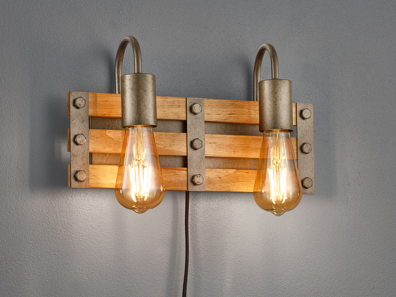 2-flammige Holzbrett Wandlampe KHAN mit Vintage Industriedesign, Breite 35cm