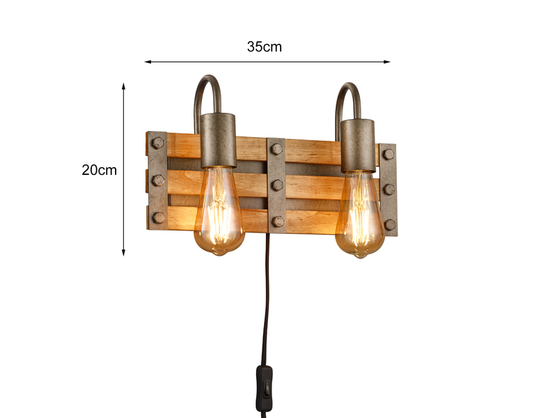 2-flammige Holzbrett Wandlampe KHAN mit Vintage Industriedesign, Breite 35cm