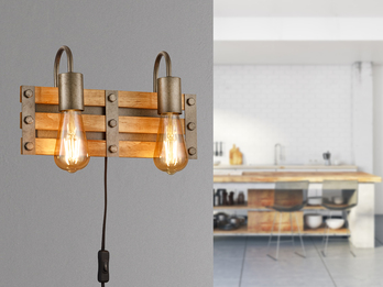 2-flammige Holzbrett Wandlampe KHAN mit Vintage Industriedesign, Breite 35cm