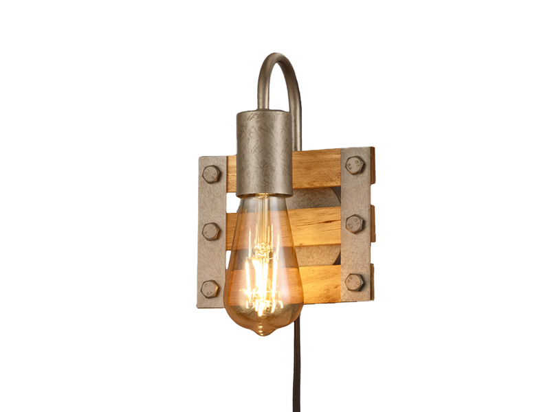 Rustikale Wandleuchte KHAN mit Holz, Schalter und Stecker, Höhe 20cm