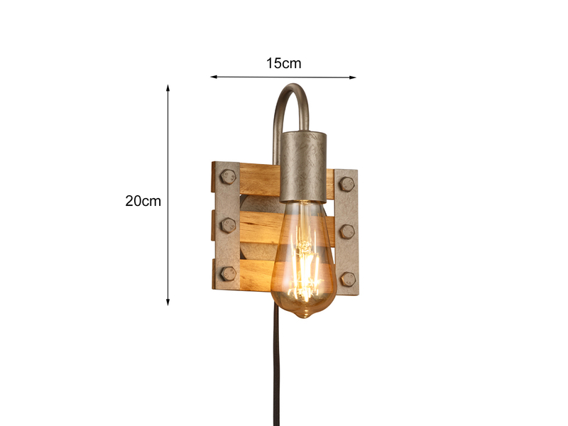Rustikale Wandleuchte KHAN mit Holz, Schalter und Stecker, Höhe 20cm